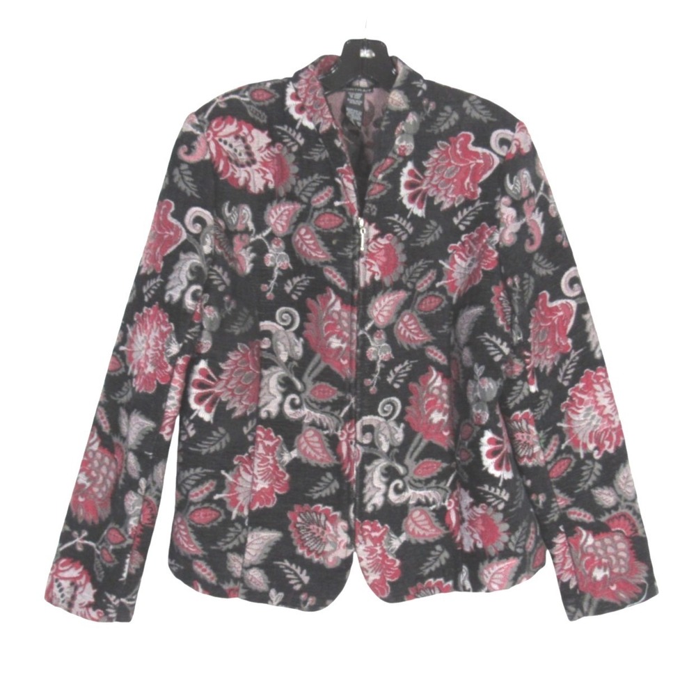 VTG PORTRAIT Black/Multi FLORAL TAPESTRY Full Zip SHOULDER PADS Jacket Sz L